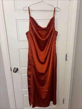 Finesse Satin Cowl Midi Dress Rust Color